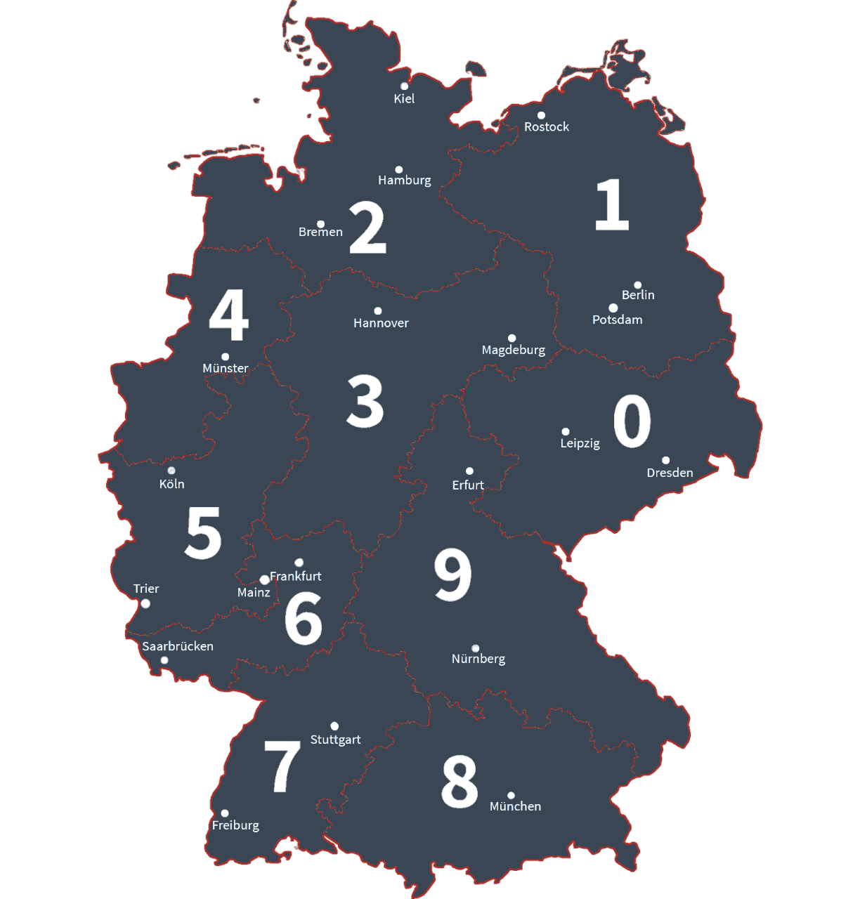 Landkarte Kontakseite mit PLZ Gebieten