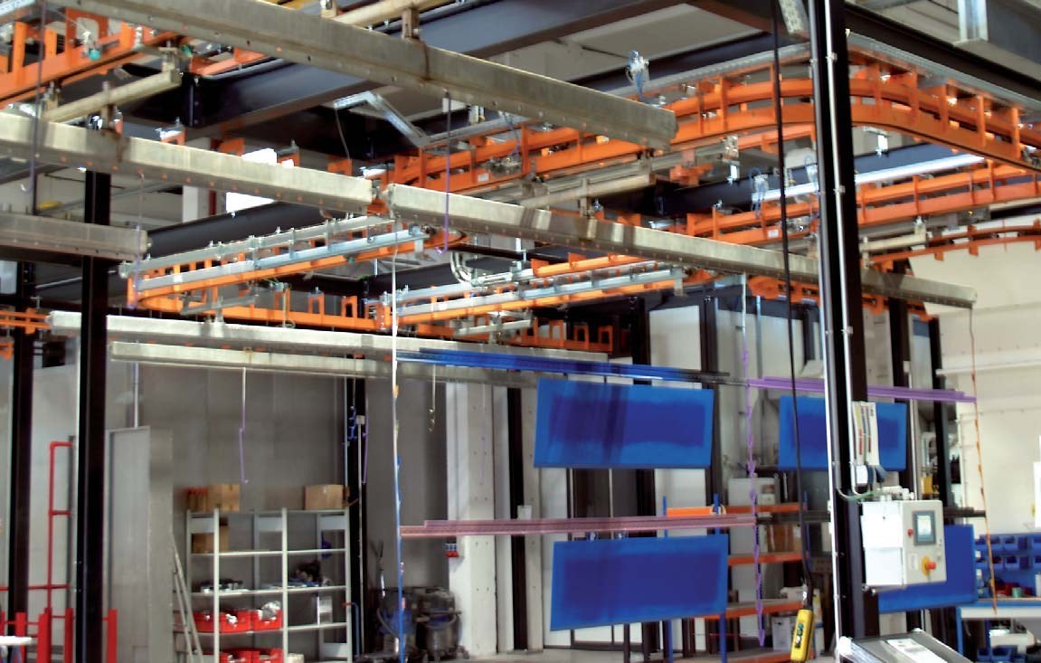 FLEX-i-COAT-Anlage bei Plastcoat mit orangefarbener Fördertechnik und aufgehängten Bauteilen