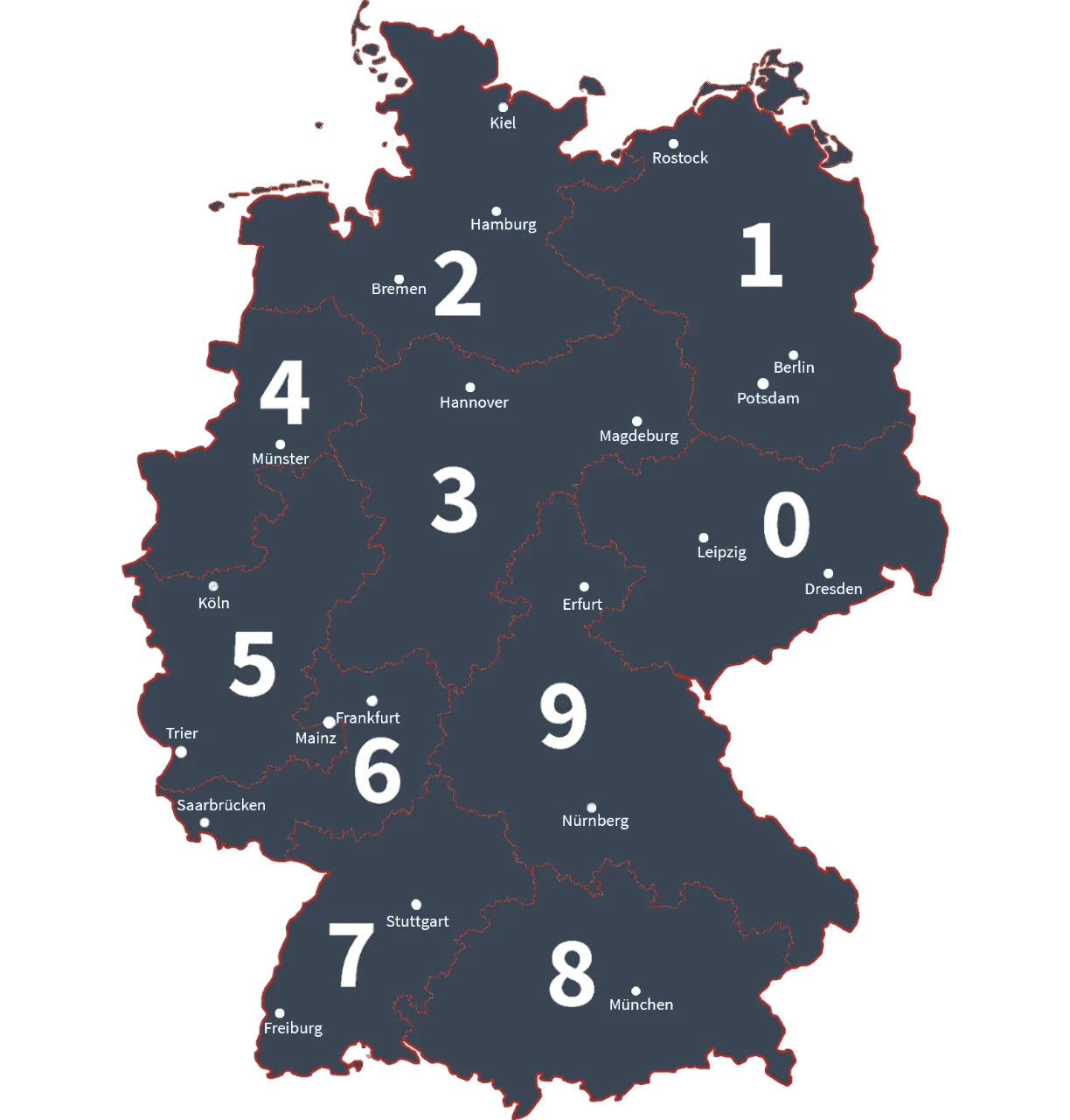 Landkarte Kontakseite mit PLZ Gebieten